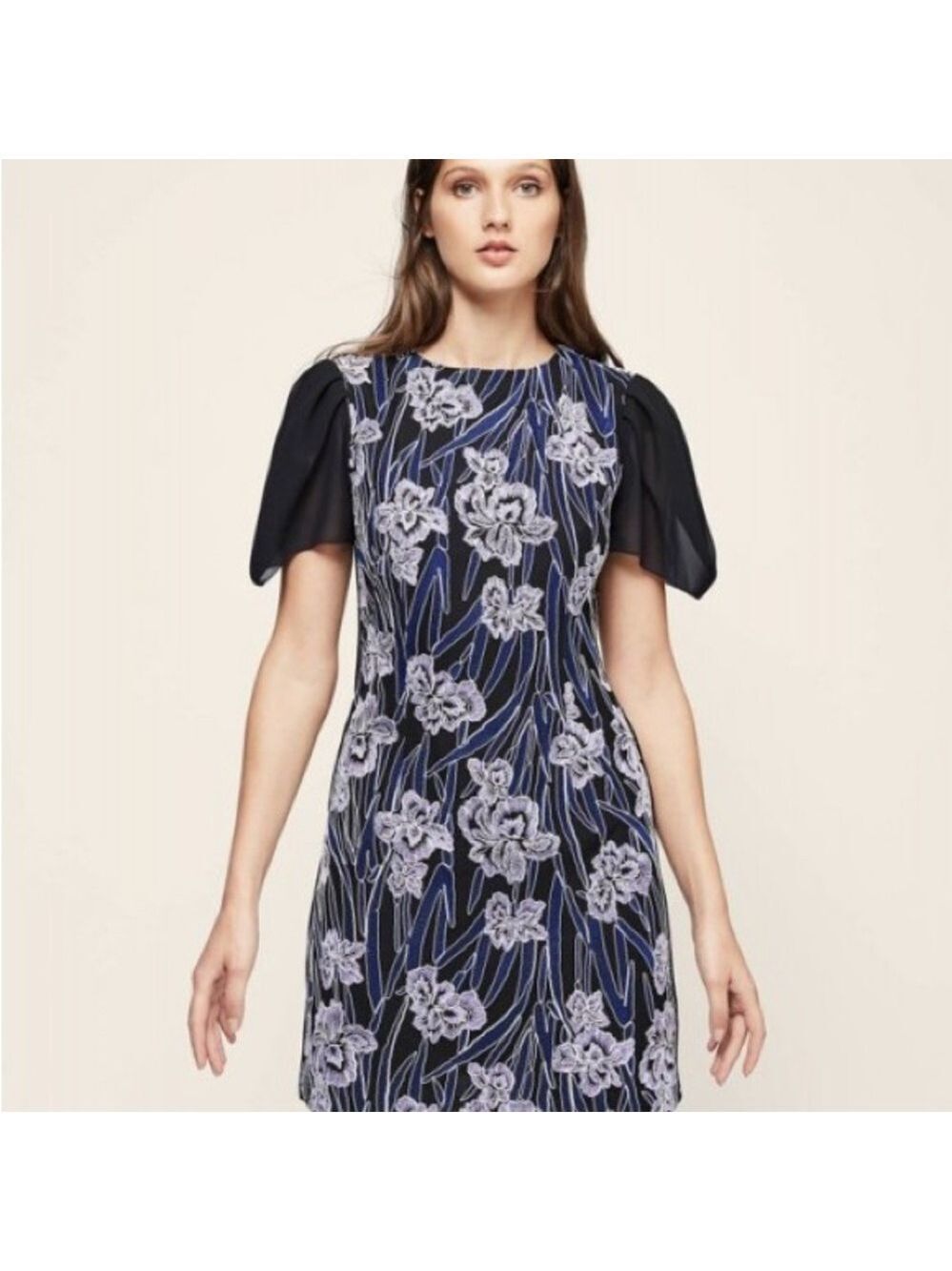 REISS Women’s Dress Estelle Embroidered Purple Black Chiffon Sleeves Sz 8